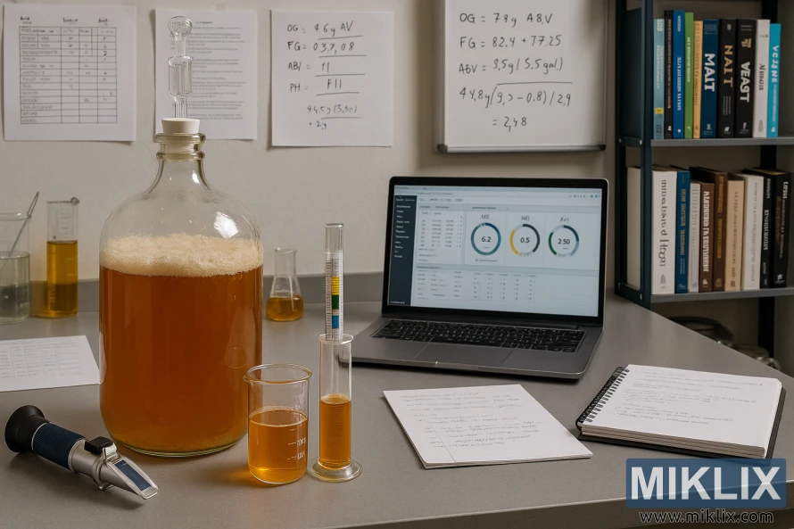 A well-lit brewing laboratory featuring a glass carboy of fermenting liquid, measuring tools, notes, and a laptop on a countertop. A well-lit brewing laboratory featuring a glass carboy of fermenting liquid, measuring tools, notes, and a laptop on a countertop.