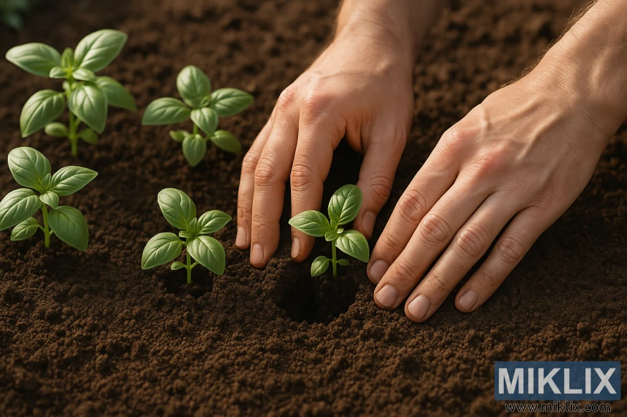 Händer planterar basilikaplantor i mörk trädgårdsjord på rätt djup. Händer planterar basilikaplantor i mörk trädgårdsjord på rätt djup.