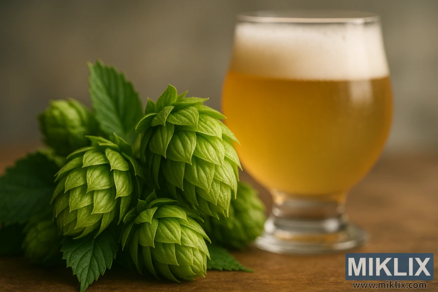 Ferske Citra humlekegler med lupulinkjertler ved siden av et skummende blekt øl i varmt lys.