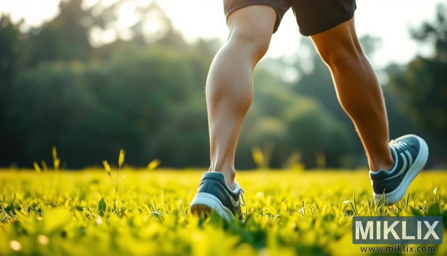 Մարդու ոտքերի խոշոր պլան, որը ուժեղ քայլերով քայլում է արևի լույսով լուսավորված կանաչ դաշտով։ Մարդու ոտքերի խոշոր պլան, որը ուժեղ քայլերով քայլում է արևի լույսով լուսավորված կանաչ դաշտով։