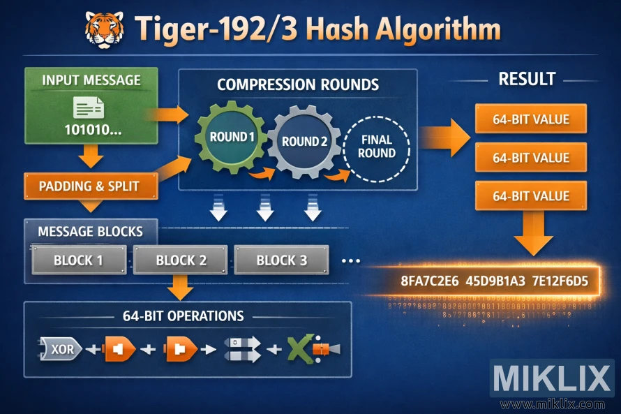 Landscape infographic showing the high-level flow of the Tiger-192/3 hash algorithm from input message through blocks and compression rounds to a 192-bit result. Landscape infographic showing the high-level flow of the Tiger-192/3 hash algorithm from input message through blocks and compression rounds to a 192-bit result.