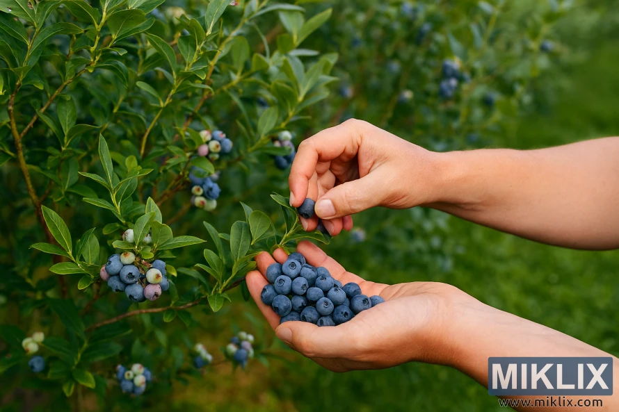 Hands picking ripe blueberries from a vibrant bush in a sunlit garden.