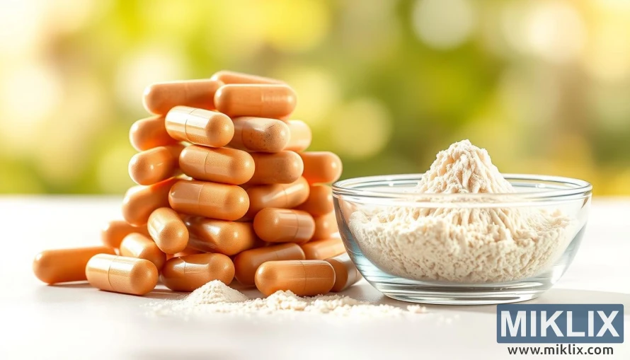 नैसर्गिक प्रकाशात एका काचेच्या भांड्यात लायन्स माने सप्लिमेंट कॅप्सूल आणि मशरूम पावडरचा साठा.