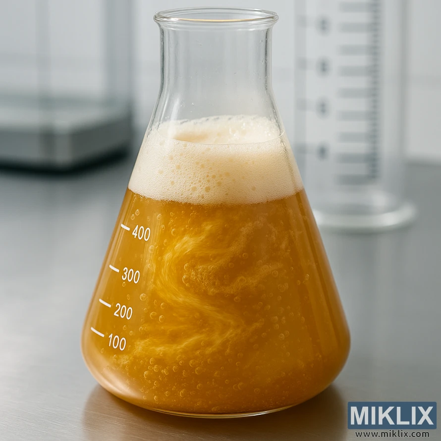 Close-up of a glass Erlenmeyer flask on a stainless steel surface, filled with golden beer wort and yeast in active fermentation, swirling with bubbles and capped by frothy foam.