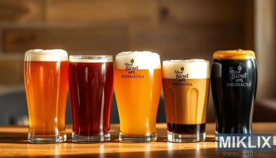 उबदार, आकर्षक प्रकाशात, गोल्डन एलपासून ते स्टाउटपर्यंत, बिस्किट माल्टला उजाळा देणाऱ्या विविध बिअरची झुंबड.