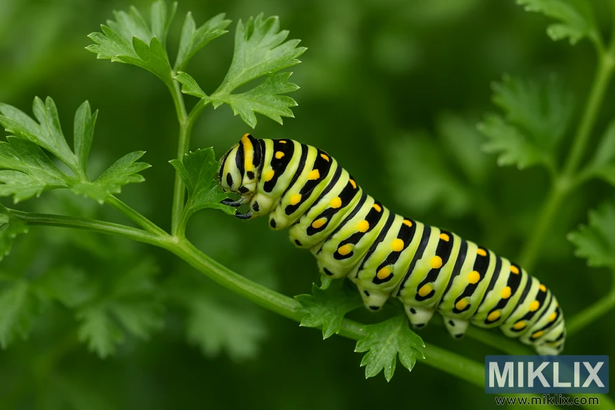 A black swallowtail caterpillar feeding on vibrant green parsley leaves in a garden setting