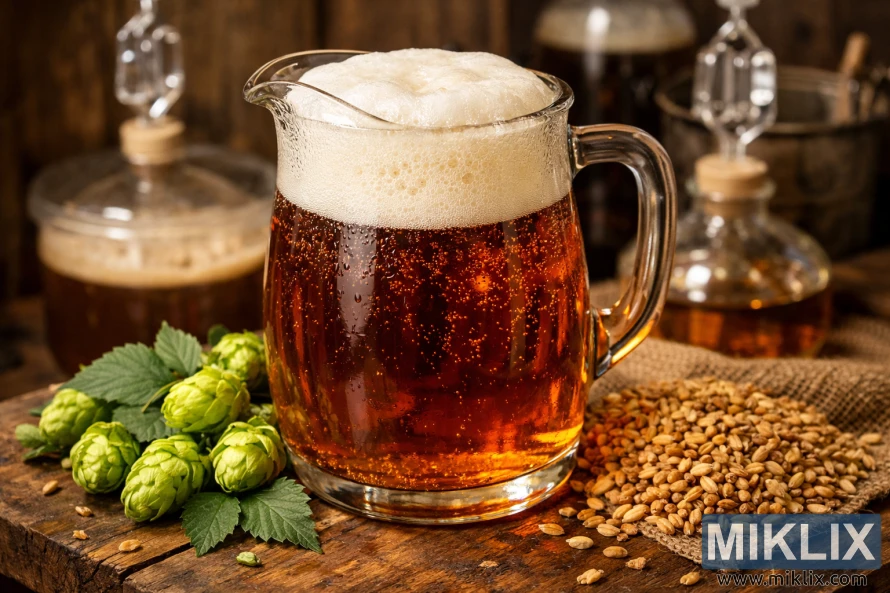 Glass pitcher of amber Belgian strong ale with frothy white head, hops and malt grains on a rustic wooden table, and brewing equipment softly blurred in the background under warm lighting. Glass pitcher of amber Belgian strong ale with frothy white head, hops and malt grains on a rustic wooden table, and brewing equipment softly blurred in the background under warm lighting.