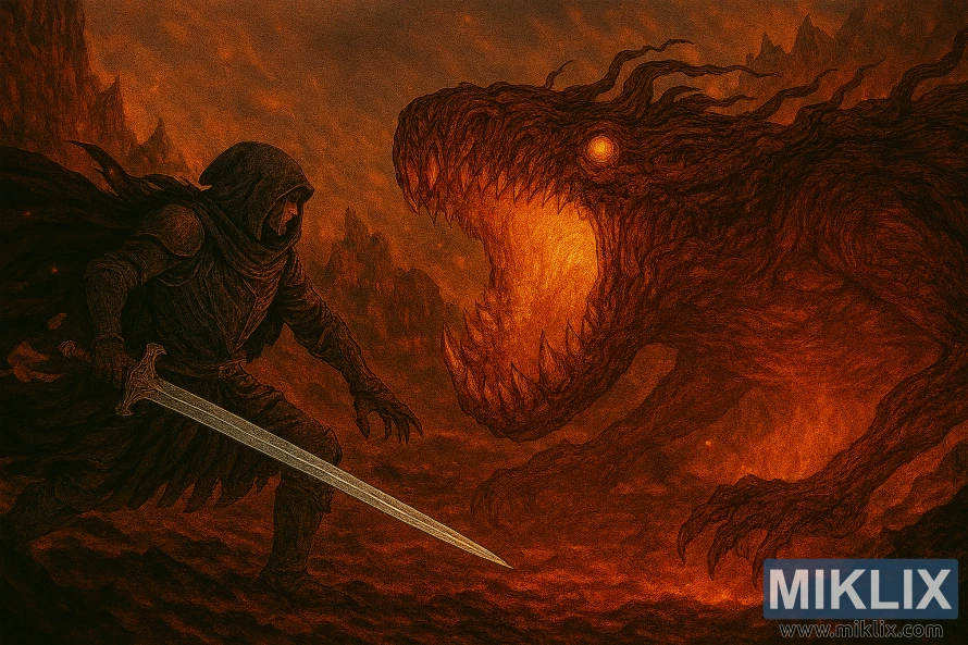 Anime stil fan art Tarnished in Black Knife oklop suočava masivni, puzeći ulcerirani Tree Spirit sa zjapećim čeljusti u Elden Ring je Mount Gelmir