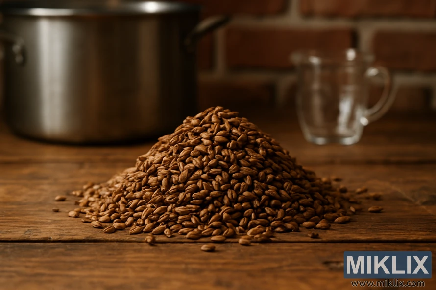 Krupni plan male hrpe zrna blagog slada za pivo na drvenom stolu s opremom za kuhanje piva zamućenom u pozadini.