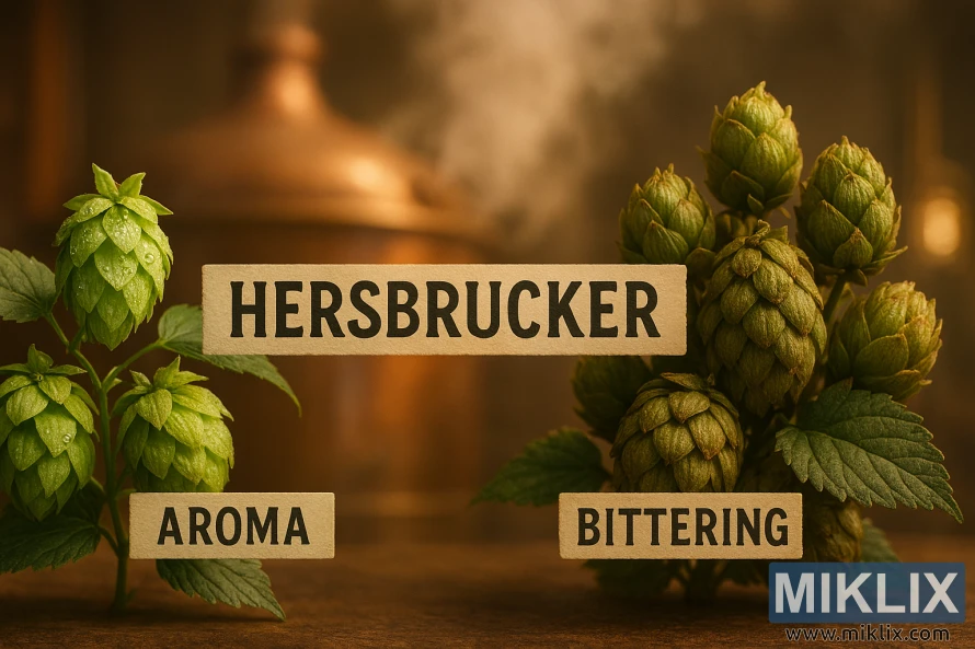 Two clusters of Hersbrucker hops labeled aroma and bittering with a brewing kettle in the background