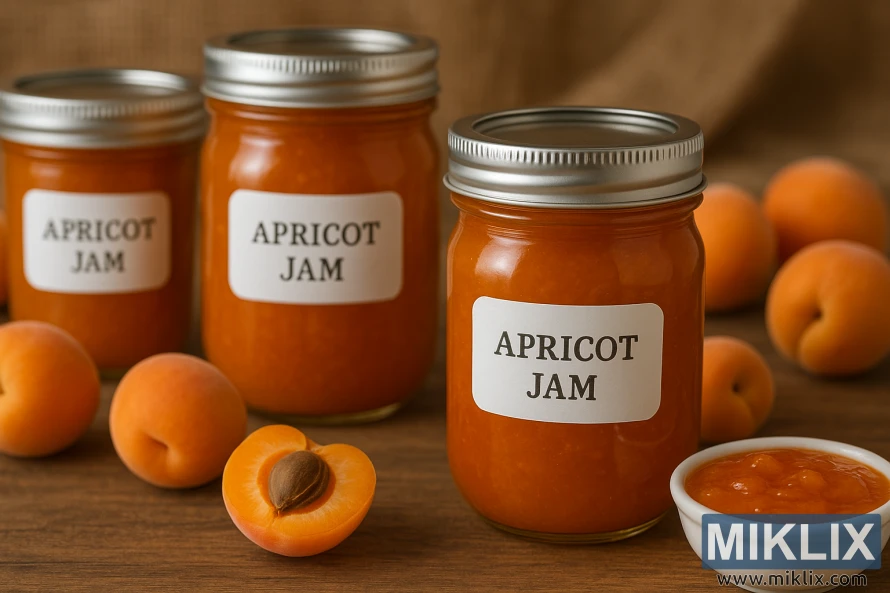 Trois pots de confiture d'abricots maison à étiquettes blanches, posés sur une table rustique en bois, entourés d'abricots frais et d'un petit plat de confiture.