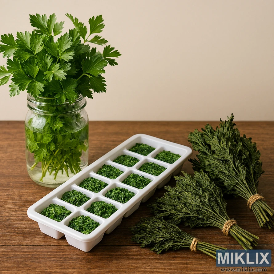 Fresh parsley in water, frozen parsley in ice cube tray, and dried parsley bundles on a wooden surface