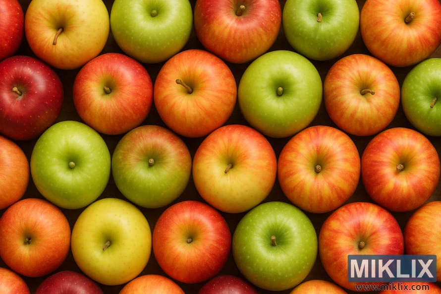 Разноцветные яблоки разложены аккуратными рядами, образуя яркую мозаику красных, зеленых и желтых оттенков. Разноцветные яблоки разложены аккуратными рядами, образуя яркую мозаику красных, зеленых и желтых оттенков.