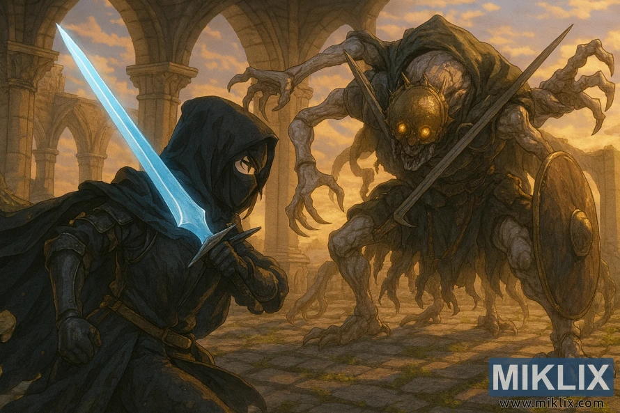 Anime-style fan art of the Tarnished battling a grotesque Grafted Scion at the Chapel of Anticipation in Elden Ring