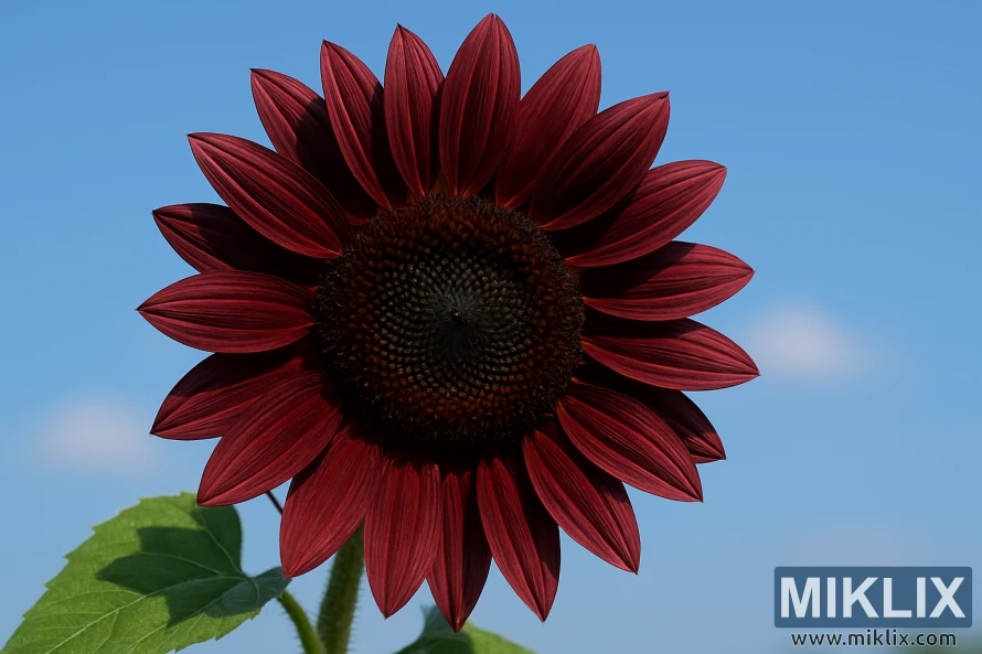 Nahaufnahme einer Schokoladenkirsch-Sonnenblume mit tiefburgunderfarbenen Blütenblättern und einer dunklen Mittelscheibe vor einem strahlend blauen Sommerhimmel. Nahaufnahme einer Schokoladenkirsch-Sonnenblume mit tiefburgunderfarbenen Blütenblättern und einer dunklen Mittelscheibe vor einem strahlend blauen Sommerhimmel.