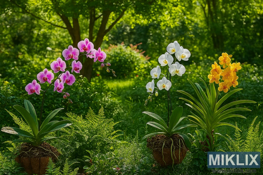 Paysage de jardin avec des orchidées roses, blanches et jaunes en fleurs parmi une végétation luxuriante sous le soleil éclatant de l'été