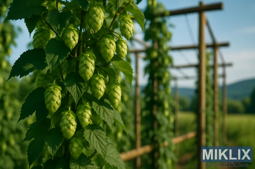 Bližnji posnetek storžev hmelja Feux-Coeur, ki rastejo na rešetki, s pastoralno pokrajino v ozadju.