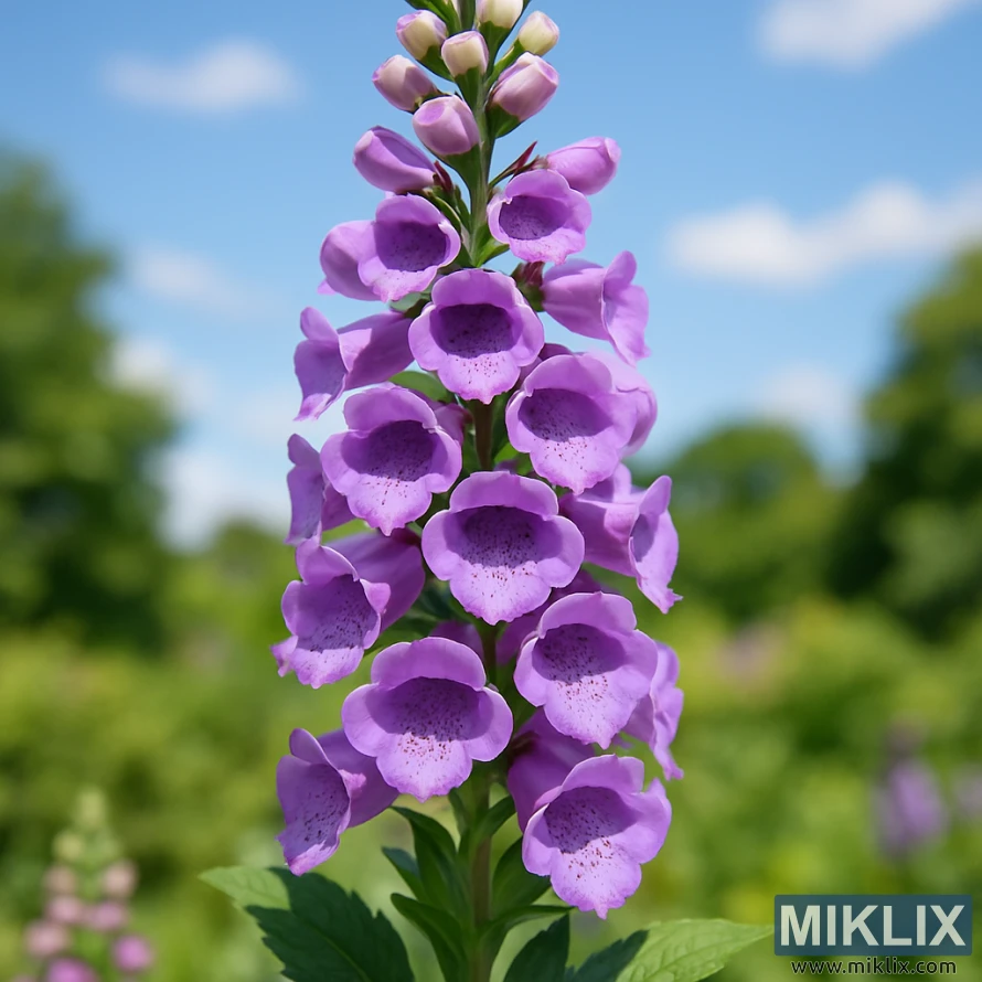 Կամելոտ լավանդայի աղվեսձկան խոշորացված պատկեր՝ լավանդա-մանուշակագույն զանգակաձև ծաղիկների բարձր փշերով, որոնք պատված են մուգ բծերով, տեղադրված ամառային այգու պայծառ ֆոնի վրա: Կամելոտ լավանդայի աղվեսձկան խոշորացված պատկեր՝ լավանդա-մանուշակագույն զանգակաձև ծաղիկների բարձր փշերով, որոնք պատված են մուգ բծերով, տեղադրված ամառային այգու պայծառ ֆոնի վրա: