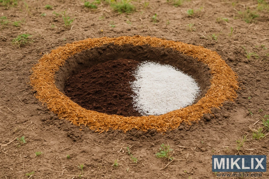 Prepared circular soil pit with organic mulch and soil amendments ready for planting a mango tree.