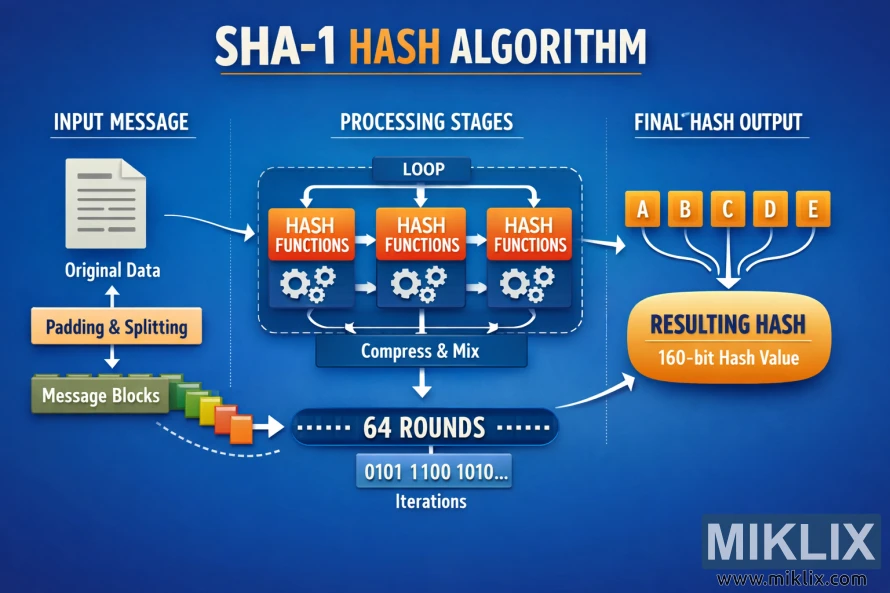 Landscape infographic showing how the SHA-1 hash algorithm processes input data through padding, block processing, repeated hash functions, and produces a 160-bit hash output.