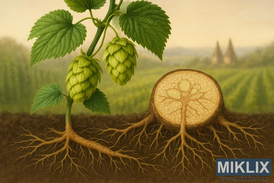 Λεπτομερής απεικόνιση που δείχνει ένα φυτό λυκίσκου Merkur με πράσινα φύλλα και κώνους πάνω από το έδαφος, και μια διατομή του ριζώματος και των ριζών του από κάτω, σε φόντο θολά χωράφια λυκίσκου και καμίνια σε ζεστό φως.