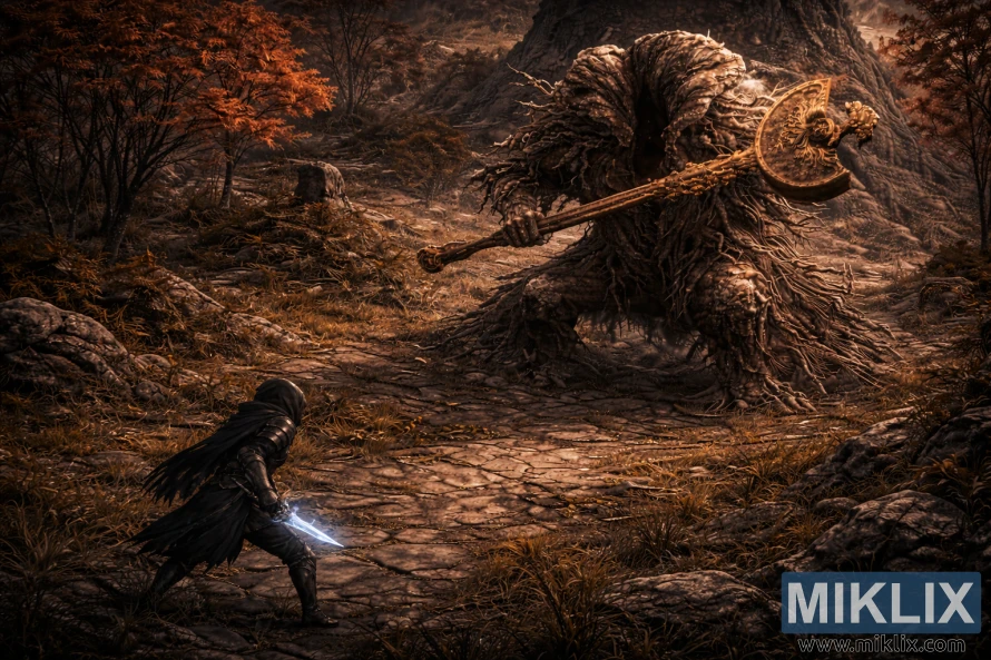 Dark fantasy Elden Ring inspired artwork from an isometric view showing the Tarnished with a glowing dagger facing a colossal Erdtree Avatar in an autumn ruin landscape.