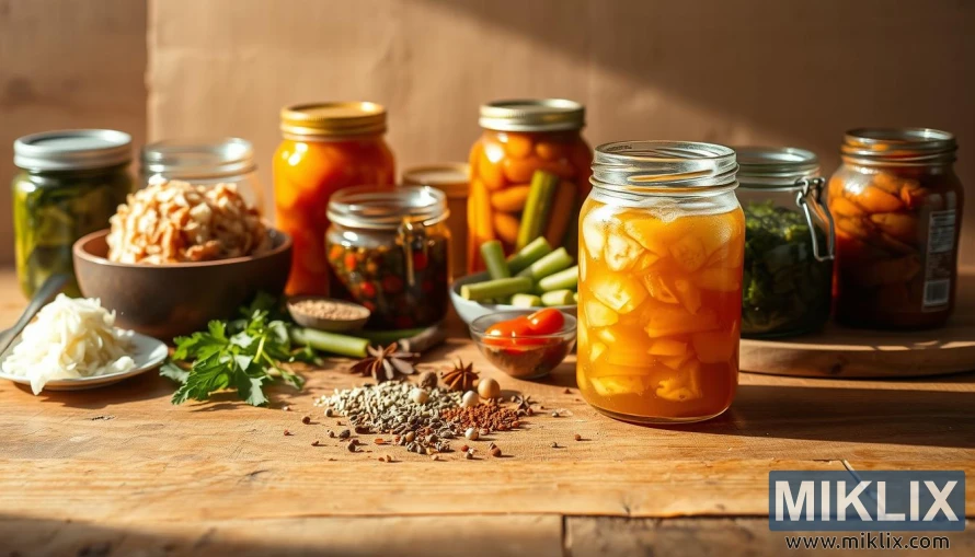 鄉村風格的餐桌上擺放著酸菜、泡菜、醃菜和一罐冒泡的發酵液。