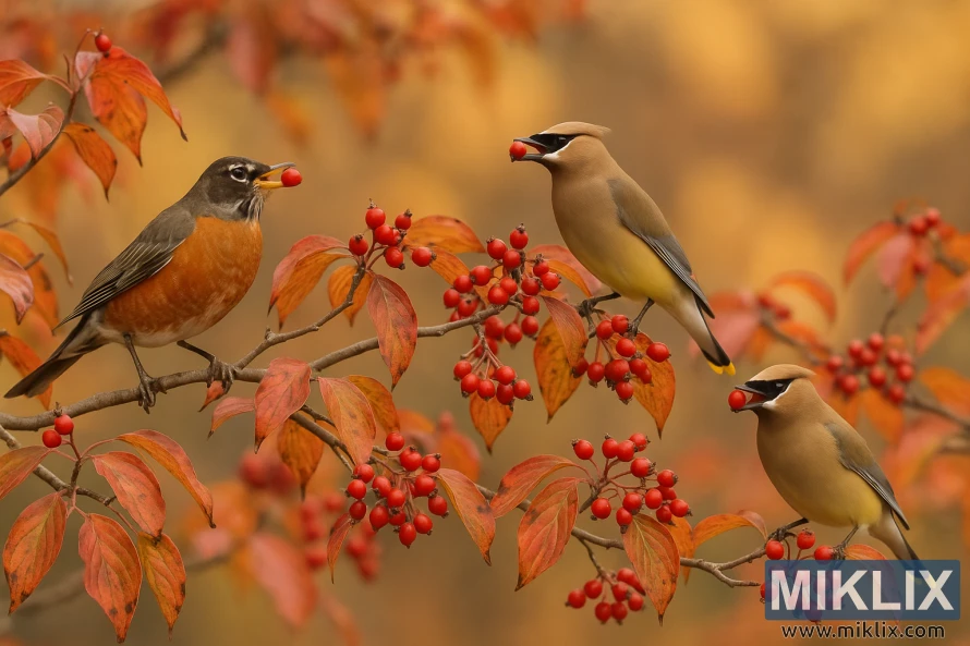 Tres ocells posats en un sanguinyol amb baies vermelles i fulles taronges de tardor, alimentant-se en una càlida escena de tardor.