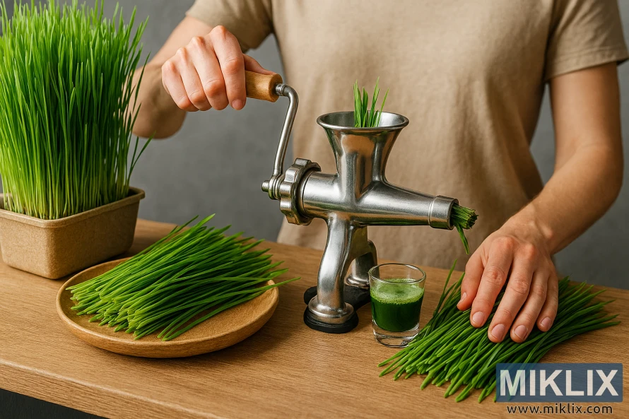 Person juicing freshly cut wheatgrass with a manual stainless steel juicer on a wooden countertop Person juicing freshly cut wheatgrass with a manual stainless steel juicer on a wooden countertop