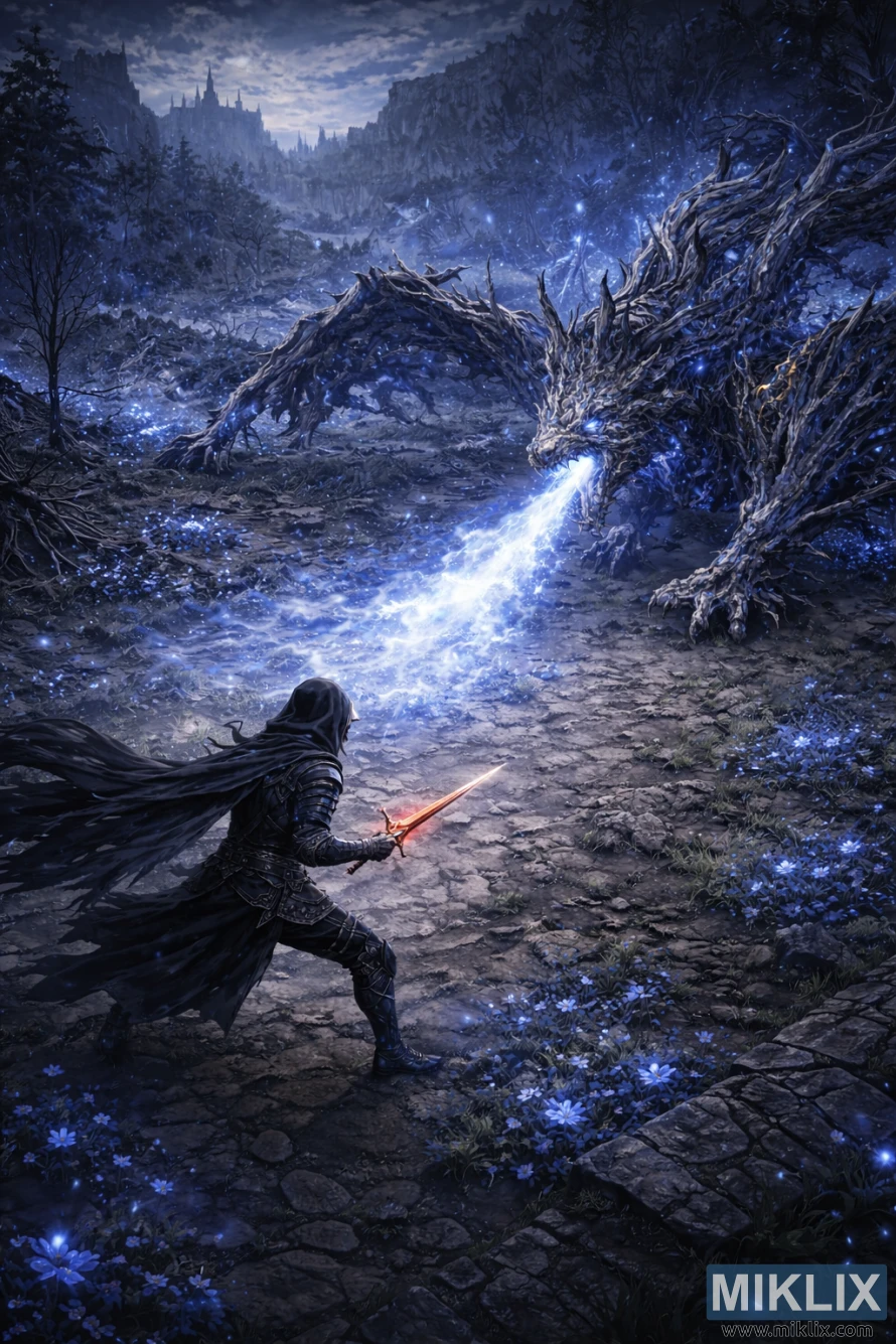 High-angle isometric anime-style view of the Tarnished in Black Knife armor wielding a glowing sword while the Ghostflame Dragon breathes blue fire across the ruined Moorth Highway in Elden Ring: Shadow of the Erdtree.