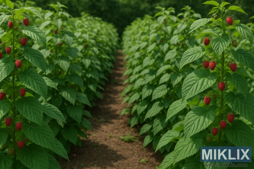 Rows of healthy raspberry plants with proper spacing and ripe red berries in a sunlit field.