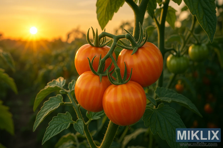 Tomates Sunrise Bumblebee maduros crescendo na trepadeira ao nascer do sol.