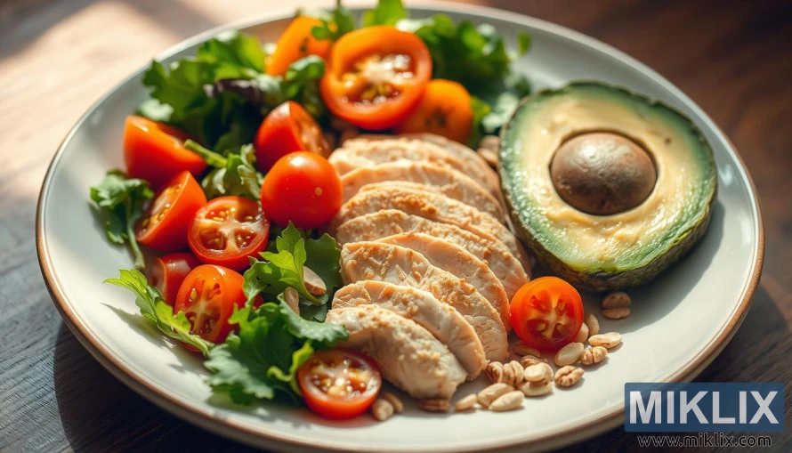 Balanced plate with greens, tomatoes, peppers, chicken, avocado, and nuts. Balanced plate with greens, tomatoes, peppers, chicken, avocado, and nuts.