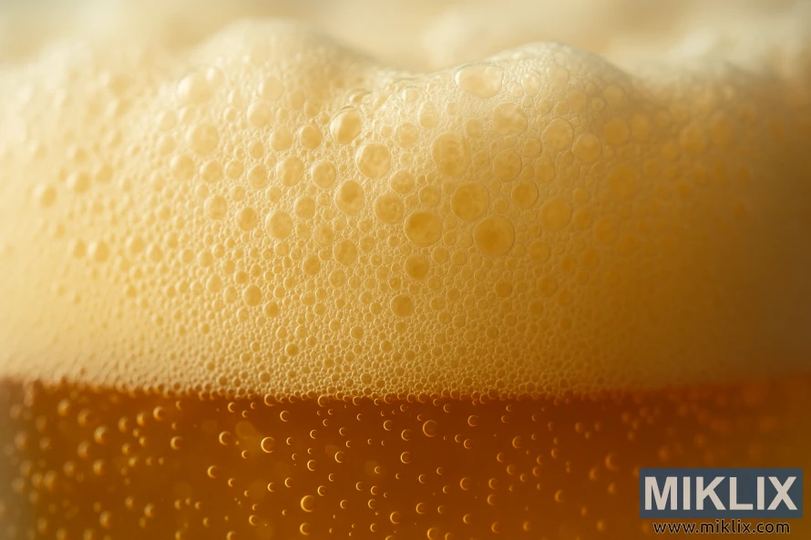 Dayaz sahə dərinliyi ilə pivə köpüyü və qabarcıqlarının makro yaxın planı.
