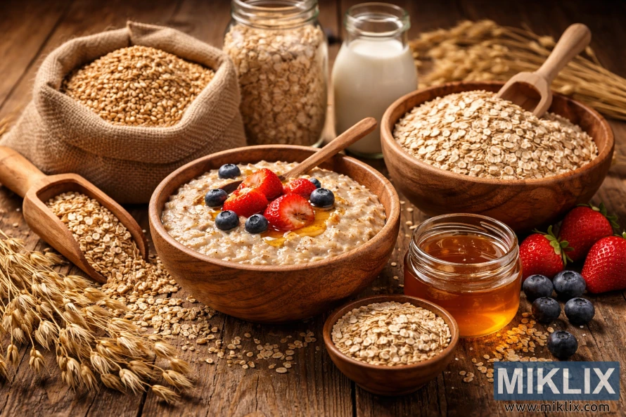 Кремаста овсена каша преливена јагодама, боровницама и медом, окружена теглама и чинијама овса на рустичном дрвеном столу.