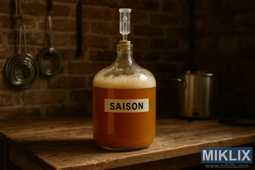 Lasinen kannu käymässä olevaa saison-olutta maalaismaisella puisella työpöydällä.