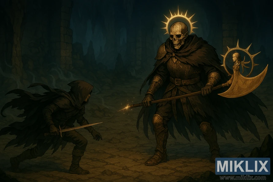 Realistic fantasy art of Tarnished confronting Death Knight in Elden Ring catacombs from elevated view