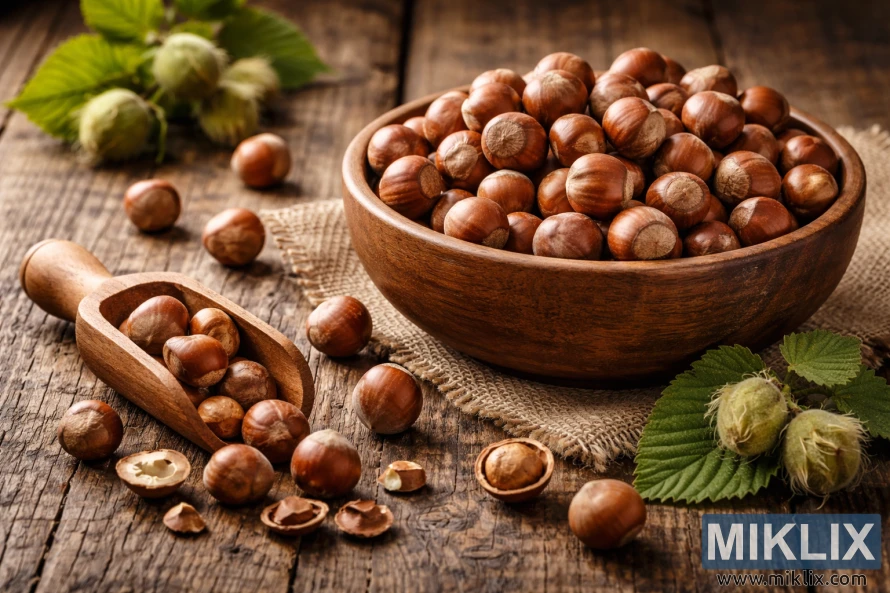 Bakuli la hazelnuts lenye kijiko cha mbao na maganda ya kijani kwenye meza ya mbao ya kitamaduni Bakuli la hazelnuts lenye kijiko cha mbao na maganda ya kijani kwenye meza ya mbao ya kitamaduni