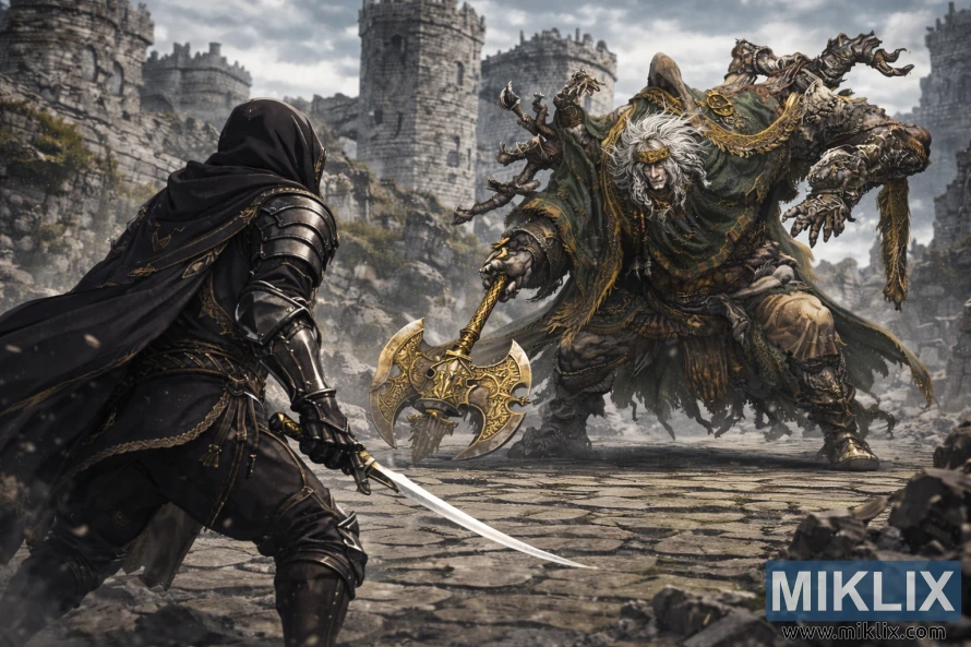 Anime-style Elden Ring standoff: the Tarnished in dark hooded armor is seen from behind on the left, facing a closer Godrick the Grafted on the right with many grafted arms and an ornate golden battle-axe. Anime-style Elden Ring standoff: the Tarnished in dark hooded armor is seen from behind on the left, facing a closer Godrick the Grafted on the right with many grafted arms and an ornate golden battle-axe.