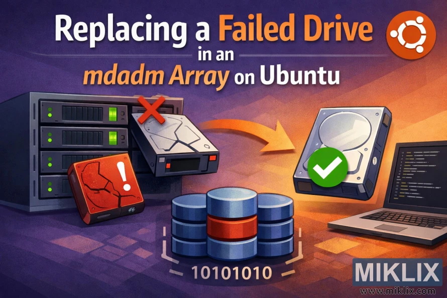 Illustration showing a failed server drive being swapped for a healthy one in a Linux RAID array. Illustration showing a failed server drive being swapped for a healthy one in a Linux RAID array.