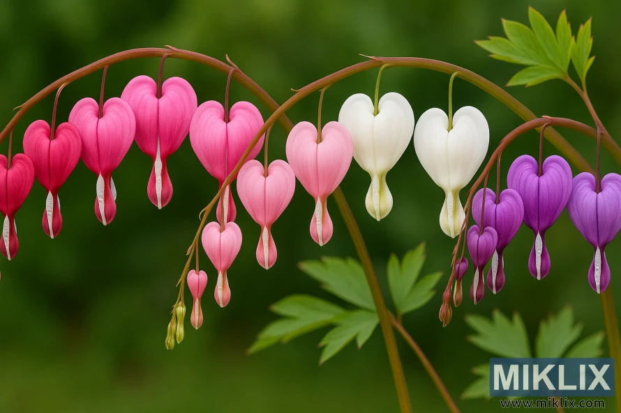 Various bleeding heart flowers in red, pink, white, and purple hanging gracefully from arching stems with soft green background. Various bleeding heart flowers in red, pink, white, and purple hanging gracefully from arching stems with soft green background.