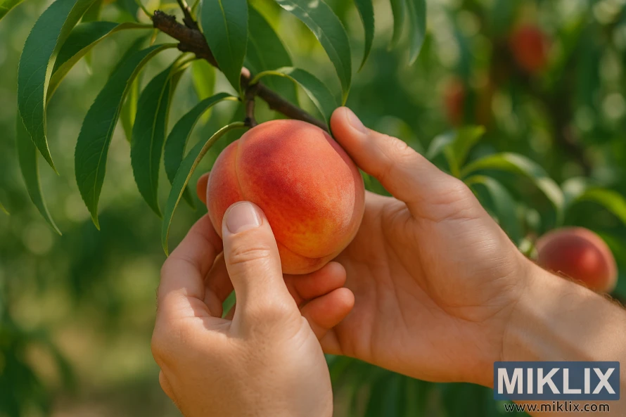Hands gently picking a ripe peach from a tree branch surrounded by green leaves in sunlight.