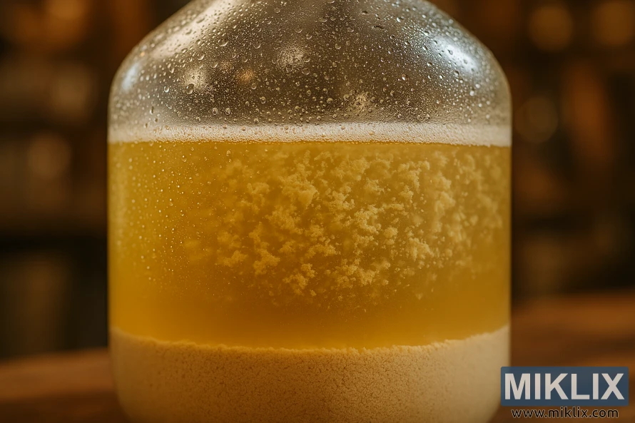 Close-up of a glass fermentation vessel with yeast sediment, suspended particles, and condensation droplets. Close-up of a glass fermentation vessel with yeast sediment, suspended particles, and condensation droplets.