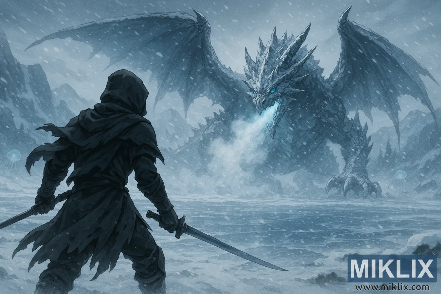 Illustrazione in stile anime di un guerriero incappucciato visto di spalle, che brandisce due katane e affronta un enorme drago del gelo che sputa nebbia ghiacciata su un lago ghiacciato durante una bufera di neve. Illustrazione in stile anime di un guerriero incappucciato visto di spalle, che brandisce due katane e affronta un enorme drago del gelo che sputa nebbia ghiacciata su un lago ghiacciato durante una bufera di neve.