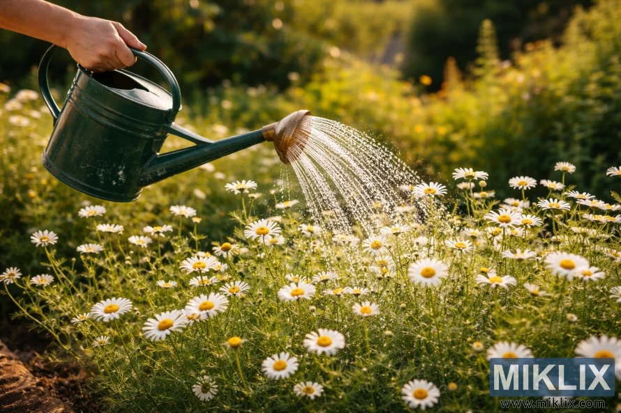 Hand holding a green watering can gently watering blooming chamomile plants in a garden bed under warm sunlight.