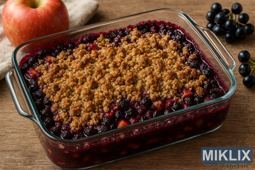 Nybakade aroniaäppelkrisp i en glasugnsform med gyllenbrun havretopping på ett träbord omgivet av äpplen och bär. Nybakade aroniaäppelkrisp i en glasugnsform med gyllenbrun havretopping på ett träbord omgivet av äpplen och bär.