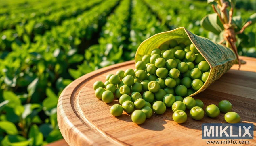 Tampilan dekat kacang polong hijau segar yang tumpah dari polongnya yang terbuka di papan kayu dengan tanaman kacang polong di latar belakang. Tampilan dekat kacang polong hijau segar yang tumpah dari polongnya yang terbuka di papan kayu dengan tanaman kacang polong di latar belakang.
