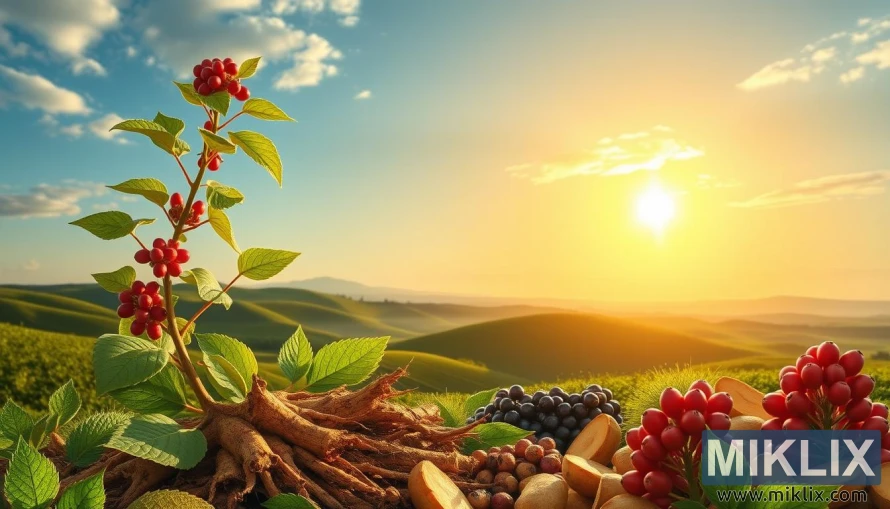 Ilustrim i rrënjëve, gjetheve dhe manave të Ashwagandhas me peizazh të qetë dhe rrezet e diellit të arta.