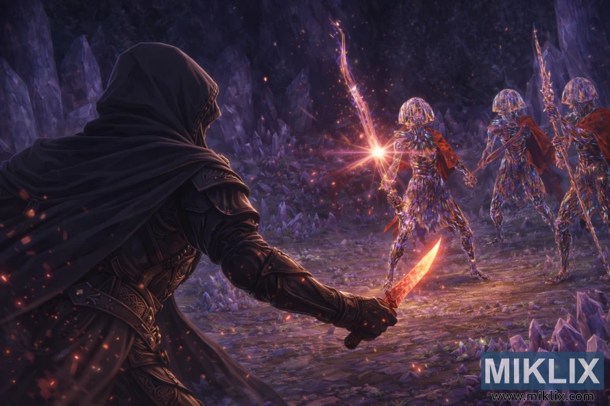 Anime stil fan art koji prikazuje Tarnished s leđa u oklopu Black Knife okrenut prema tri Truli kristali unutar sjajne kristalne pećine Sellia Hideavai. Anime stil fan art koji prikazuje Tarnished s leđa u oklopu Black Knife okrenut prema tri Truli kristali unutar sjajne kristalne pećine Sellia Hideavai.