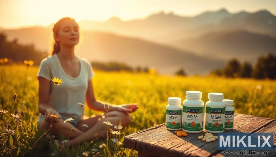 কাছেই কাঠের টেবিলে MSM সাপ্লিমেন্ট বোতল নিয়ে তৃণভূমিতে ধ্যানরত ব্যক্তি।